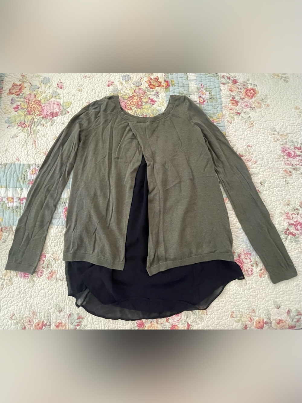 Express Olive Green Layered Long-Sleeve Tunic with Black Back Panel